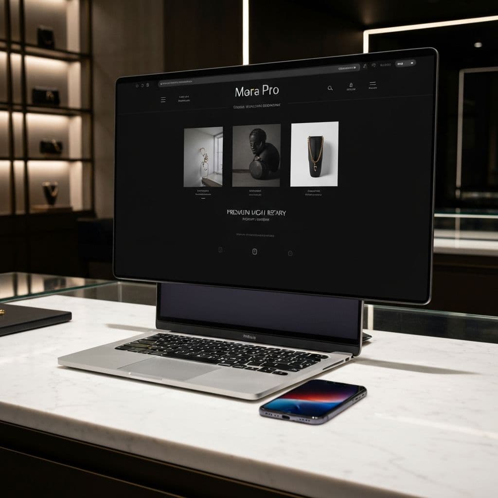 MacBook and iPhone displaying a premium dark-mode retail website in a luxury boutique setting