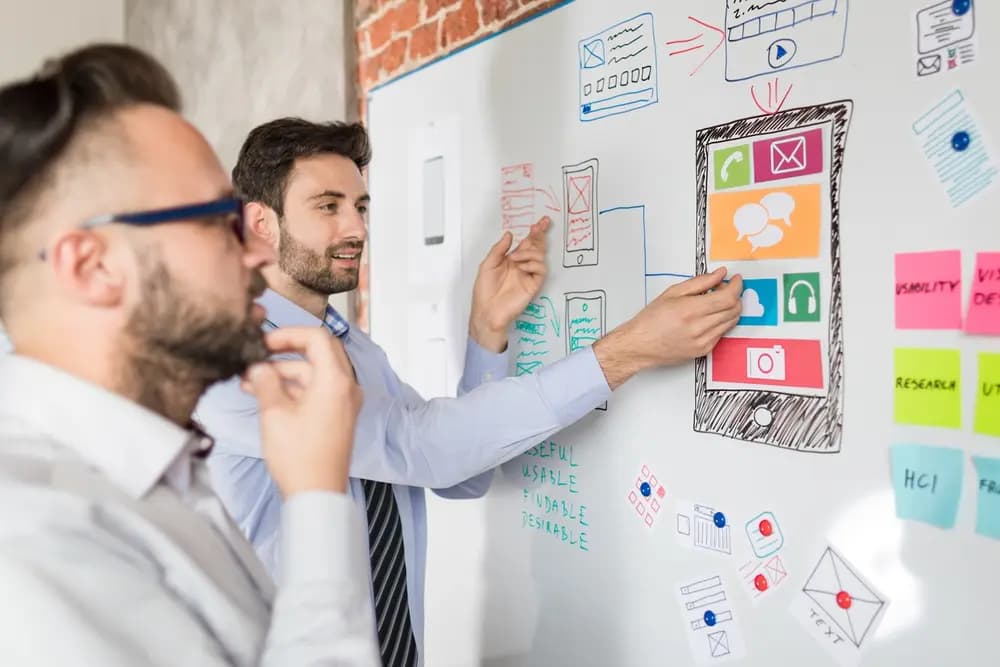 Marketing professionals planning content strategy on whiteboard with mobile app wireframes and sticky notes