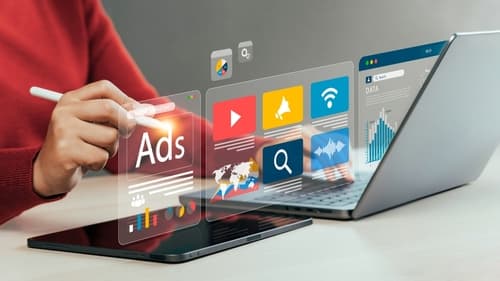 Digital marketing with holographic advertising icons