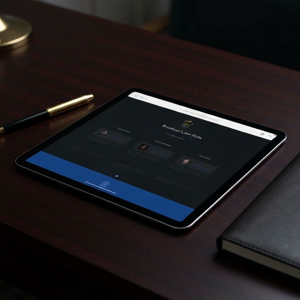 Premium law firm website displayed on iPad on mahogany desk