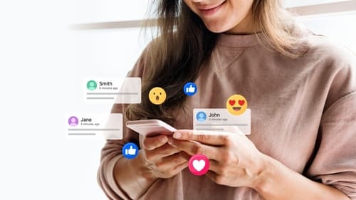 Person engaging with social media on smartphone showing likes, comments and user interactions