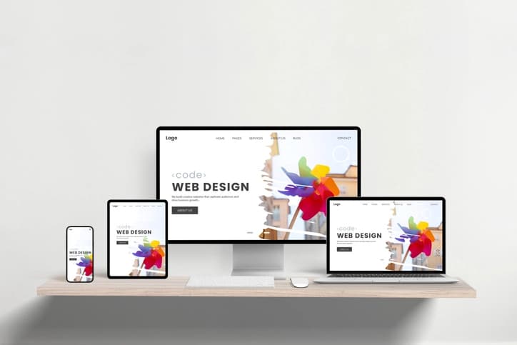 Responsive web design displayed across multiple devices - smartphone, tablet, desktop monitor, and laptop
