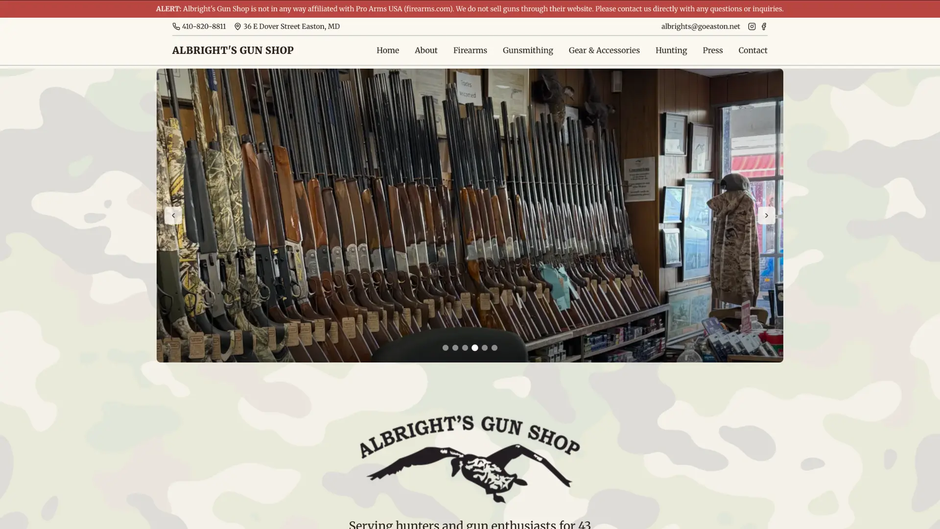 Retail firearms shop website, Easton MD