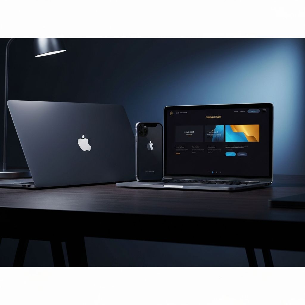 Premium dark-mode website displayed on MacBook Pro and iPhone