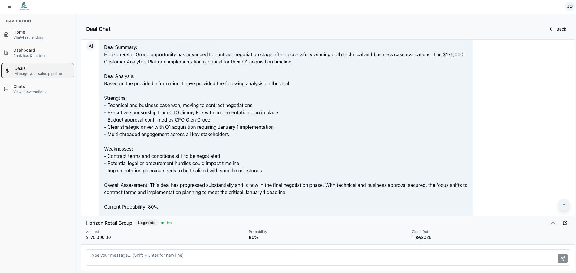 LeverEdge AI platform interface showing deal chat analysis for Horizon Retail Group opportunity