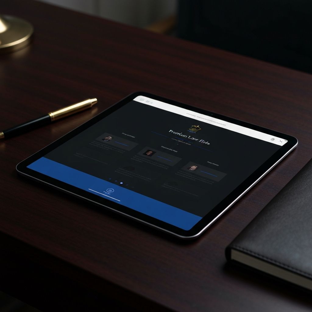 Premium law firm website displayed on iPad on mahogany desk
