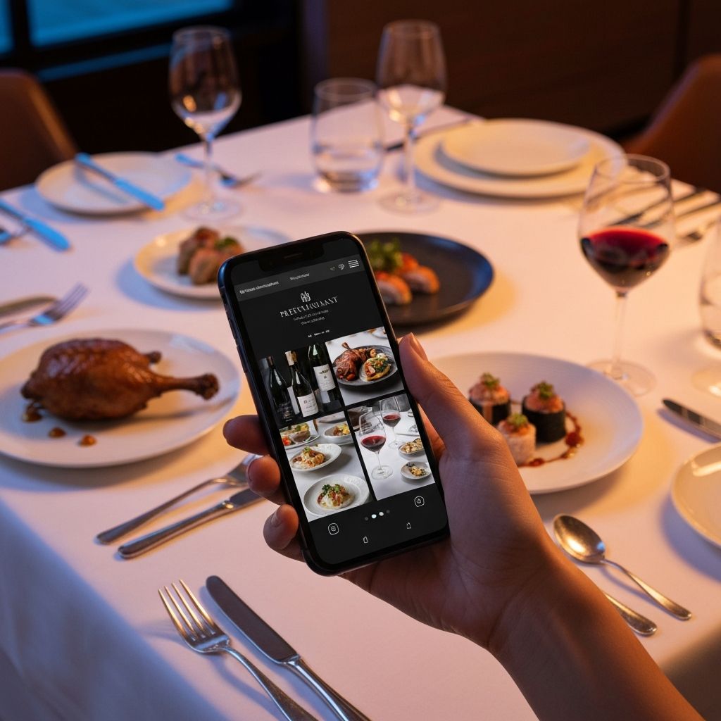 iPhone displaying a premium dark-mode restaurant website over a gourmet dining table