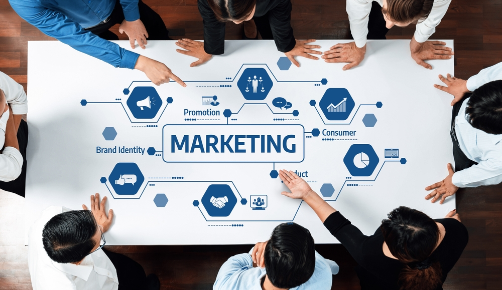 Strategic content marketing team planning brand authority and social media growth